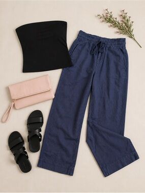 GAP Linen Navy Blue Tie Front Cropped Pants
